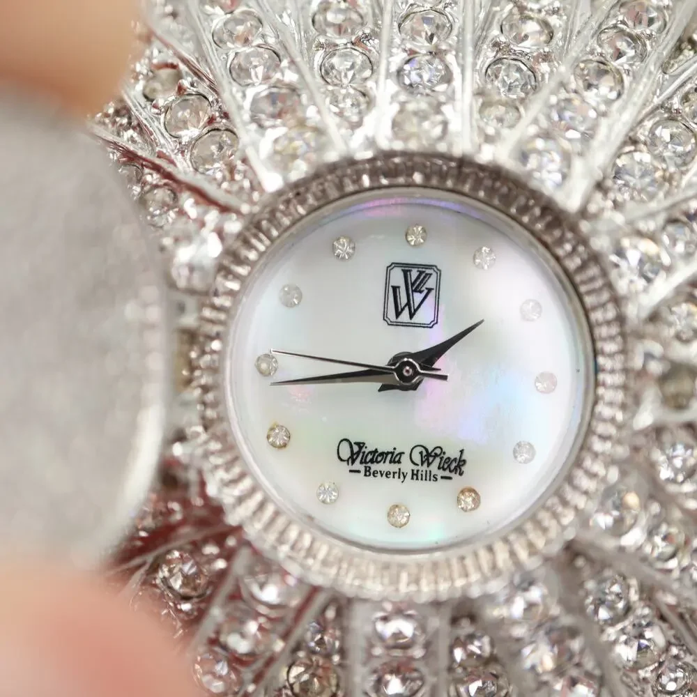 Victoria Wieck Pave Crystal Jewel Cuff Watch 35mm Hidden MOP Dial w New Battery